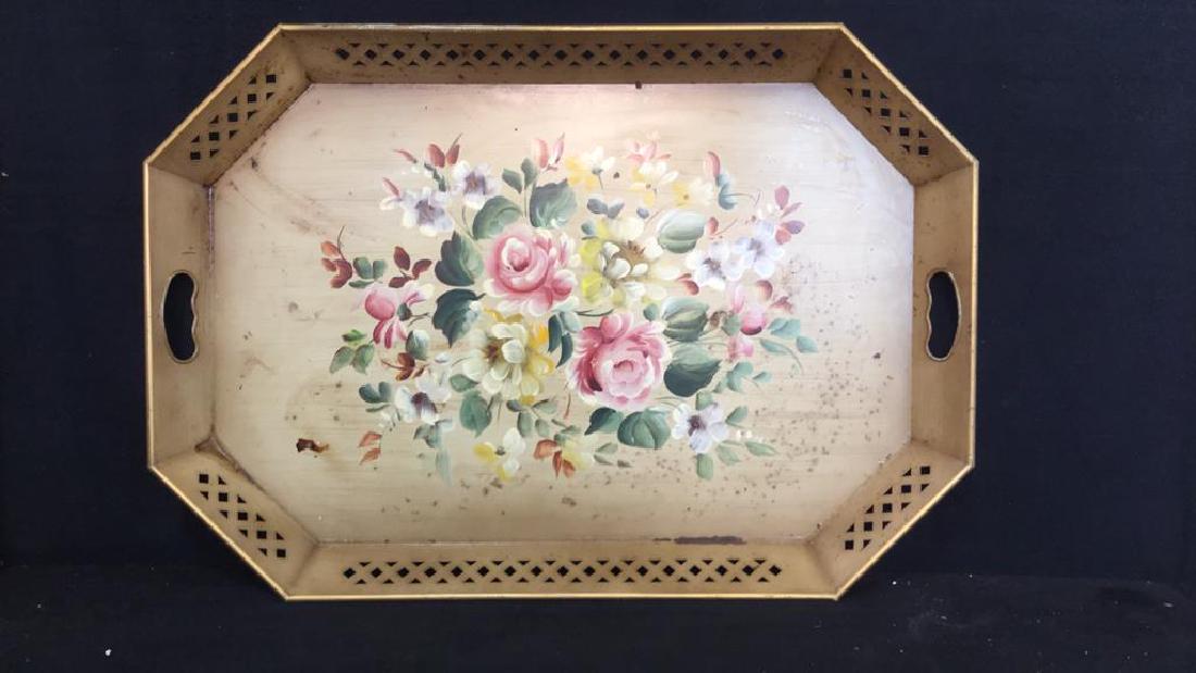 VINTAGE hand Painted Metal tray: has some wear, spray of hand painted flowers through center, pierced gallery, tole measures 26.5 by 18.5 inches