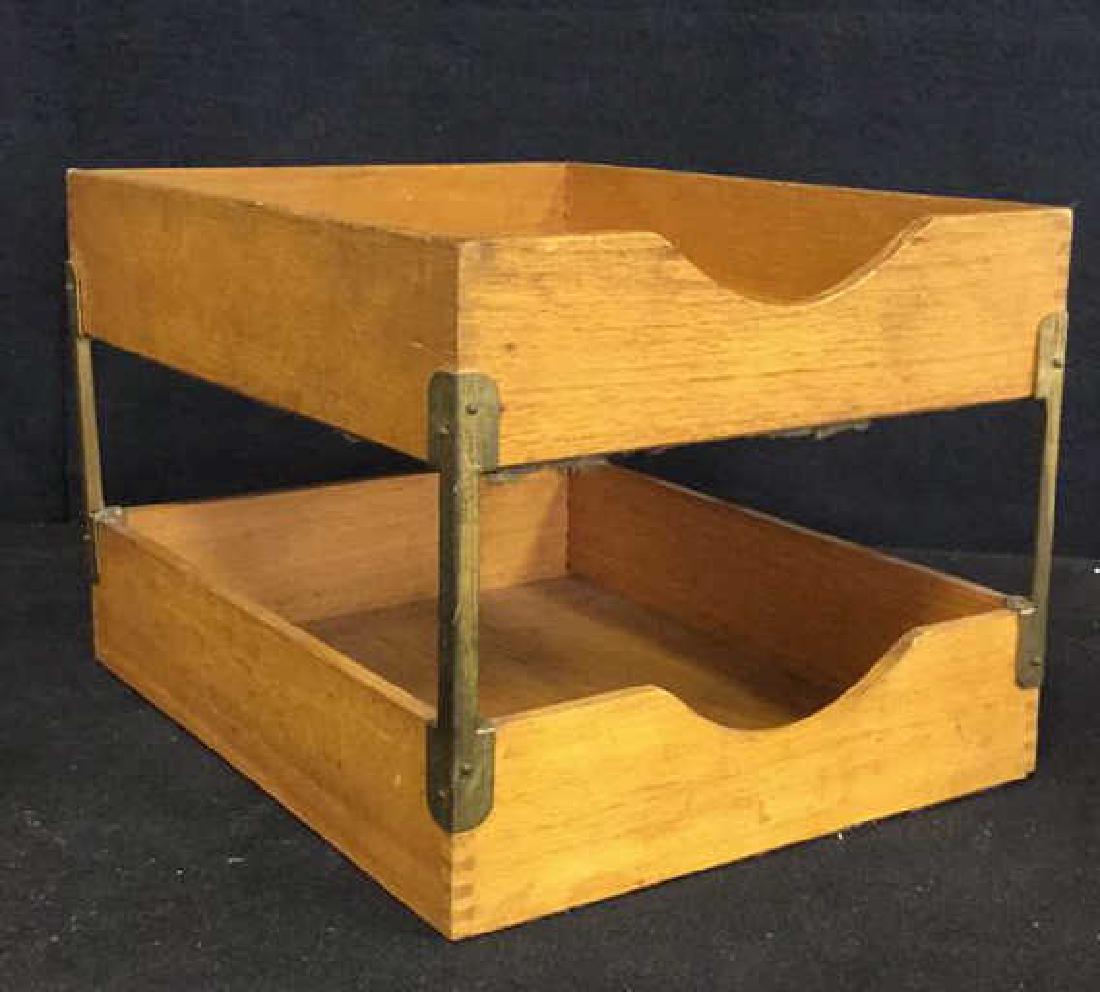 VintageTwo Tiered Oak Brass Desk Organizer (1 of 9)