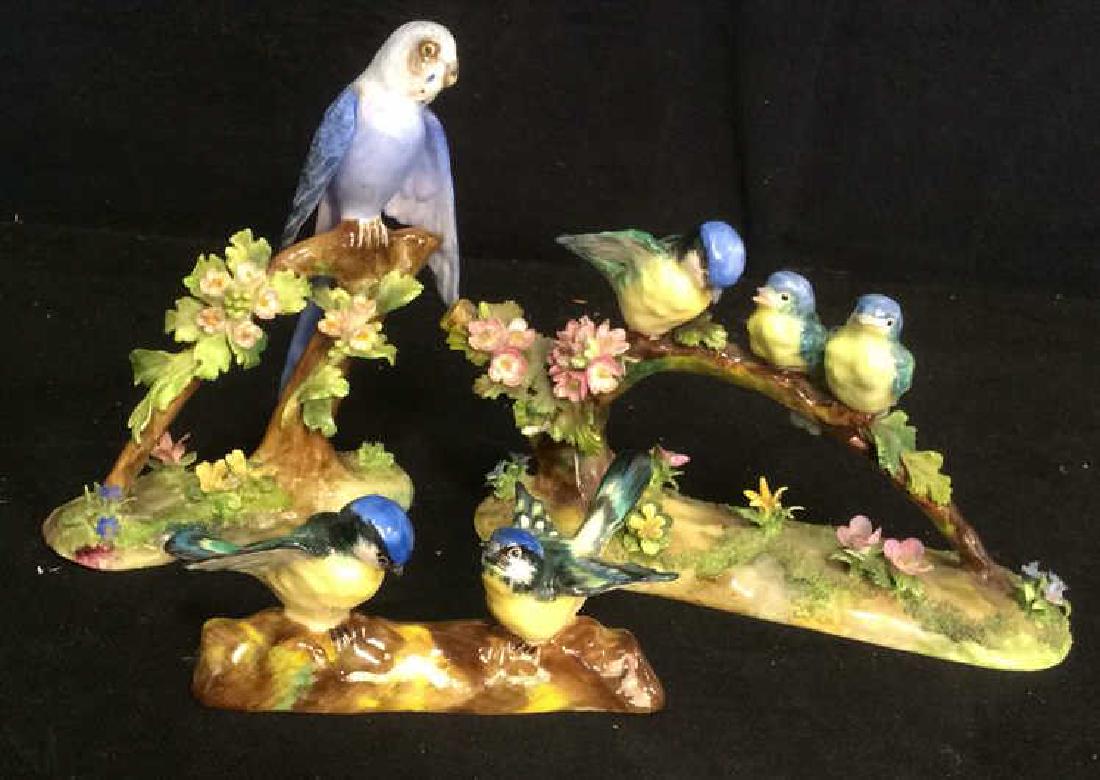 3 Porcelain Bird Figurals , Staffordshire: made in England two larger pieces marked Fine Bone China Crown Staffordshire England, Designed and Modelled J T Jones, tallest measures app 8 inches ht