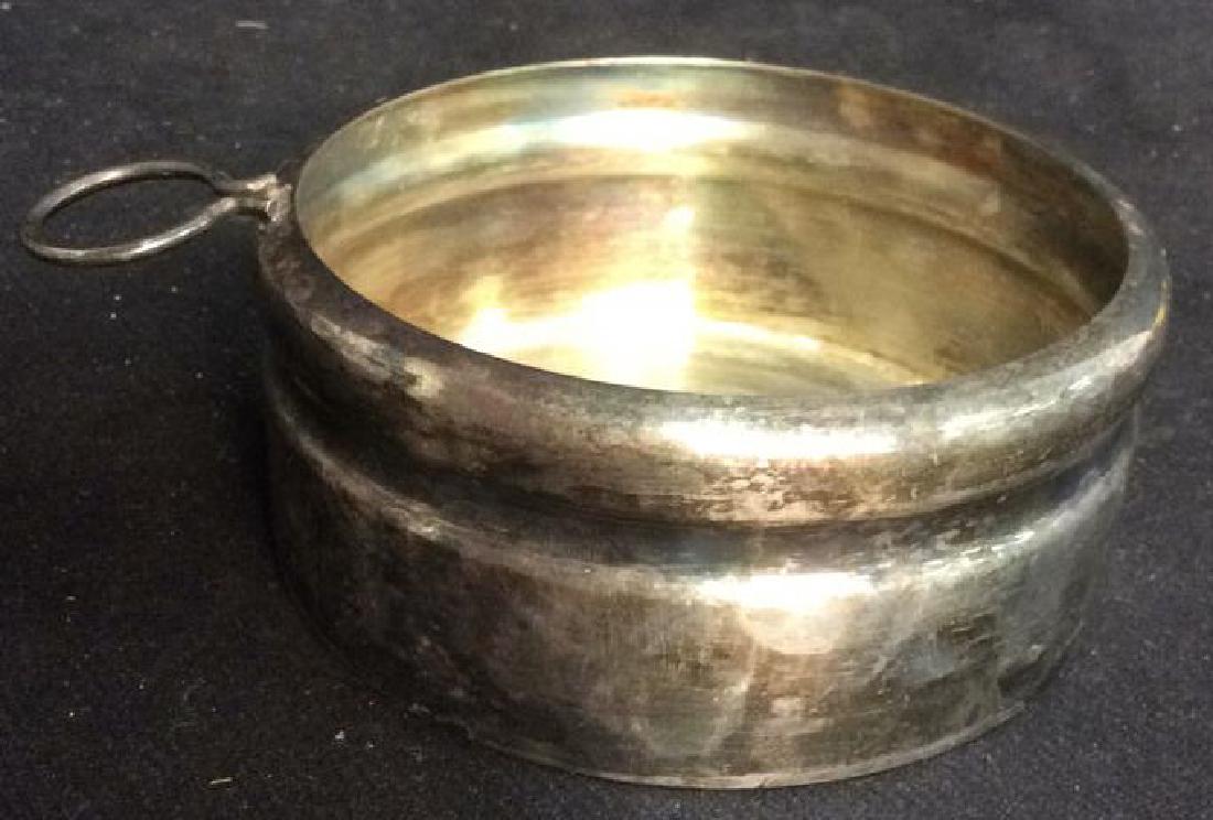Bellini, Vintage SP Bowl w Thumb Carry, Brazil: marked underside made in Brazil, appears to be silver plate, vessel, wine coaster, candle carrier, bowl, dish measures diameter 6 inches ht app 2 inches, vintage possibly antique, also marked Belini