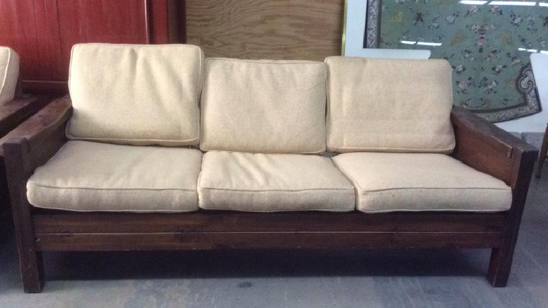 Lot 2 Wood Upholstered Love Seat and Sofa Set (1 of 3)