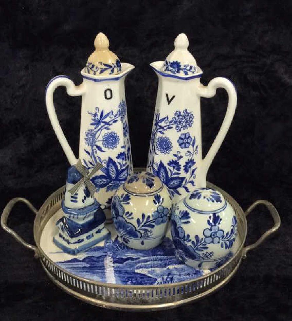 Lot 6 Blue & White  Delft Porcelain Cruet w Tray (1 of 9)