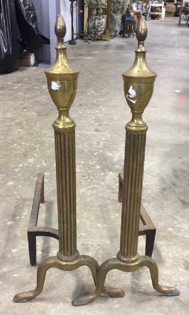 Pair Fireplace Andirons Reeded Brass and iron (1 of 5)