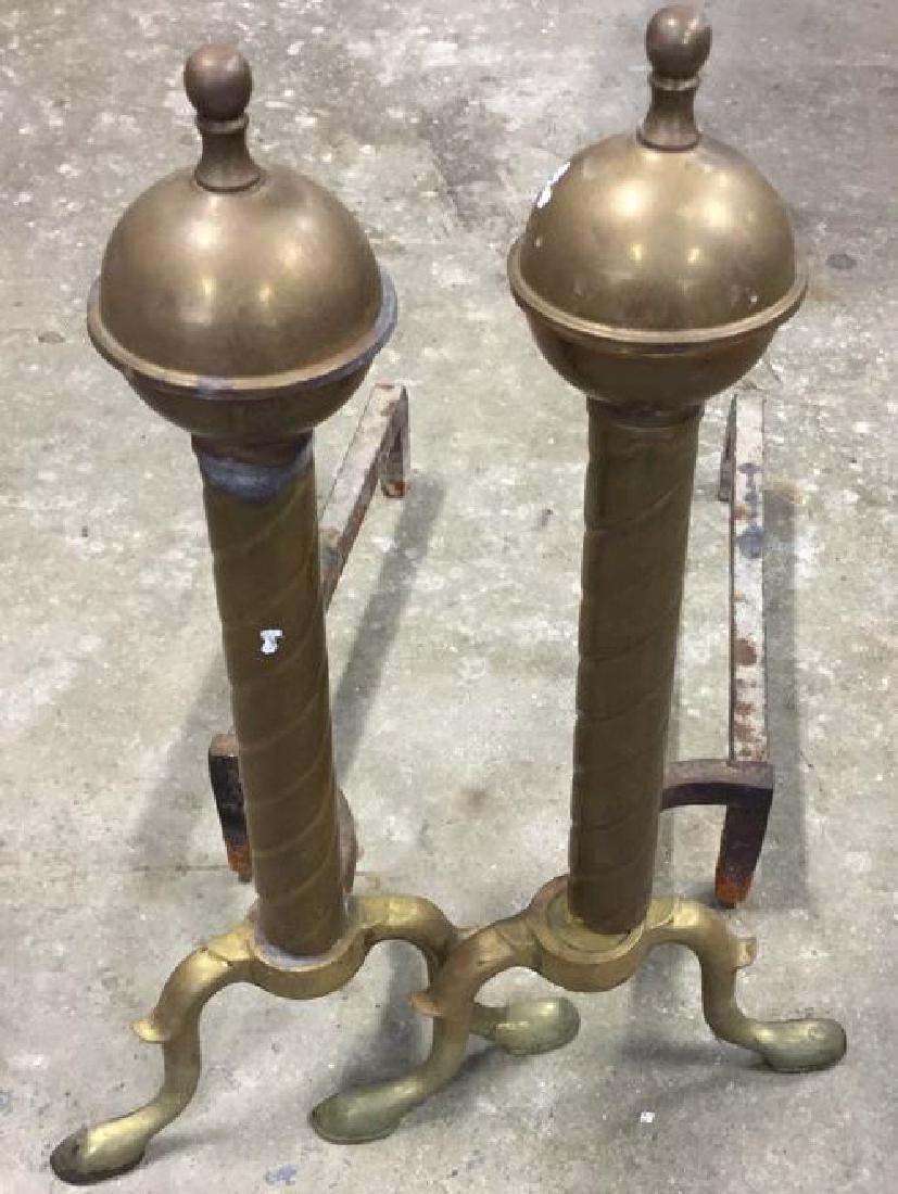 Pair Vintage Brass Orb Finial  Iron Andirons (1 of 6)