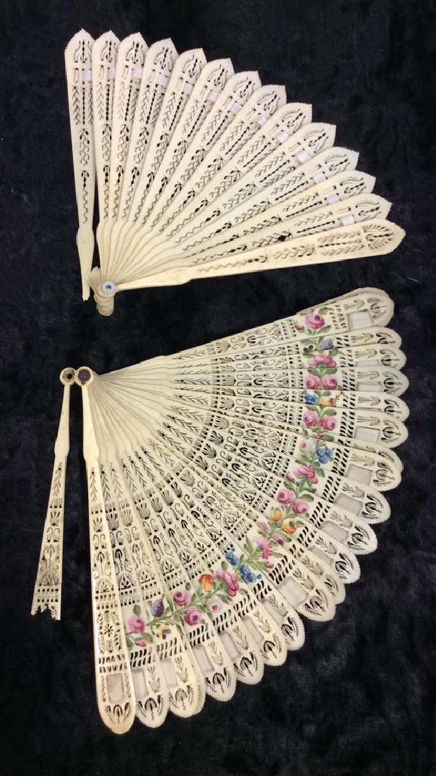 Pair Ladies Vintage/Antique Brisé Fan: Pair Ladies Vintage/Antique Brisé Fan. Opera size brisé fan. Faux bone body. Pieces decorated with painted floral design, openwork floral details and Largest piece measures approx 6 in tall by 9 in 