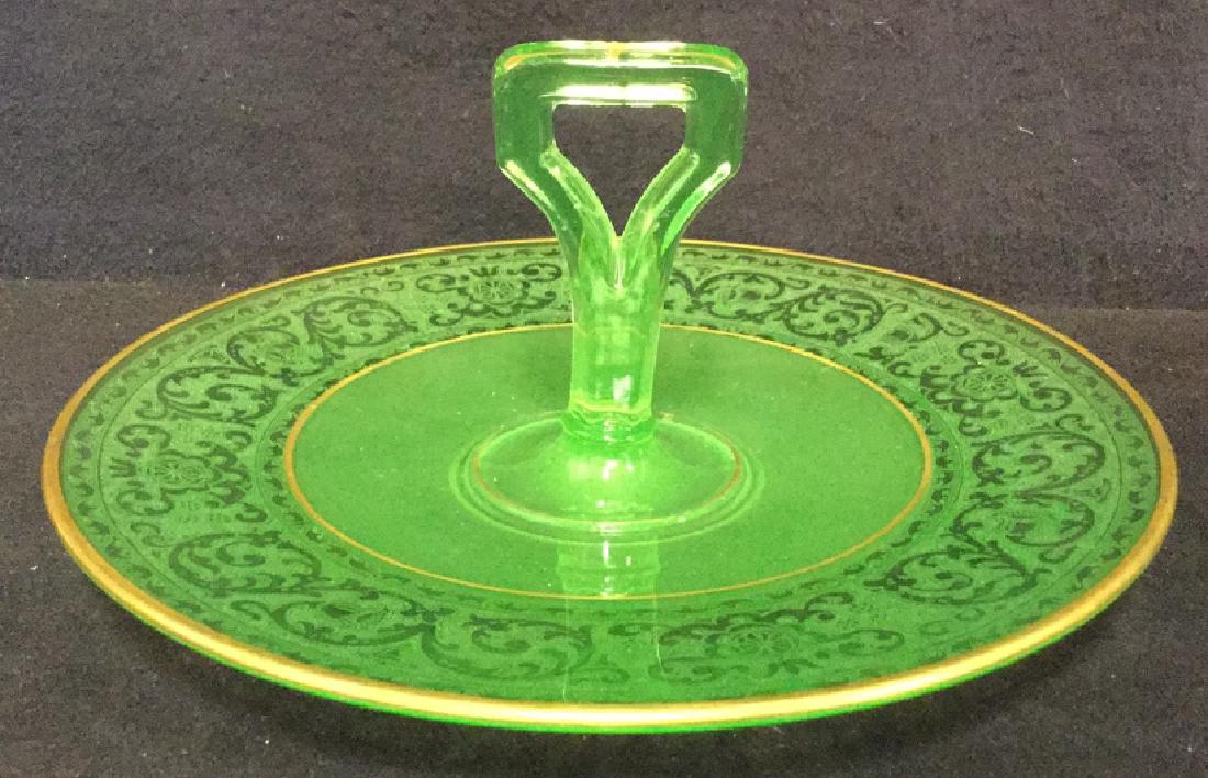 Etched Green Glass Desert Plate W Gold Toned Trim (1 of 6)