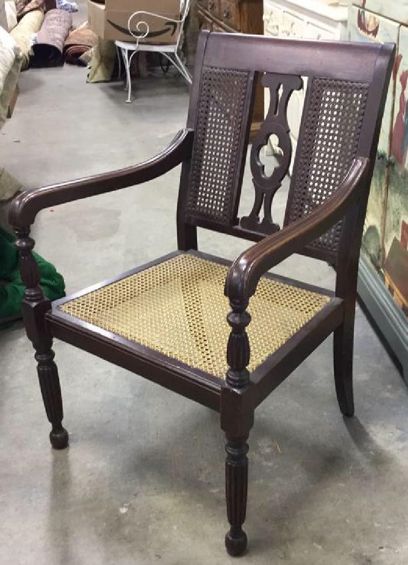 Vintage Light and Dark Caned Wood Arm Chair: Good vintage condition measures ht 35.5 inches width 24 inches depth app 21 inches