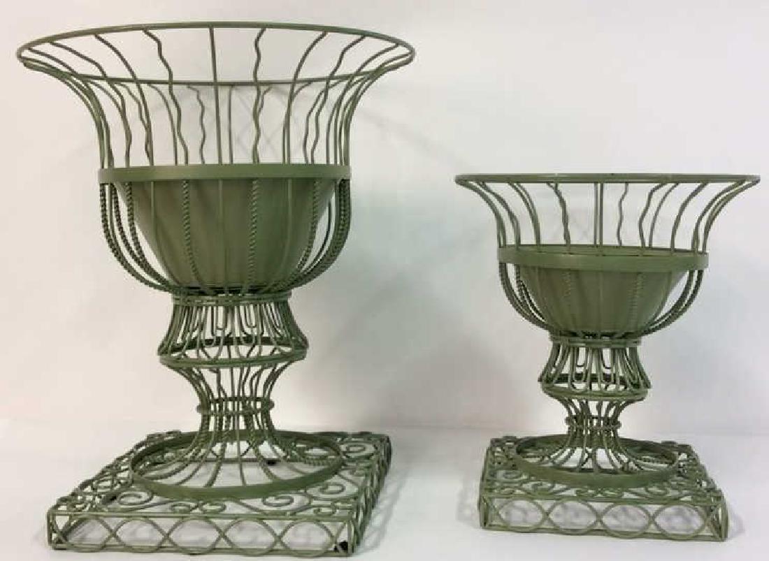 Pair Green Toned Metal Wire Pedestal Planters (1 of 7)