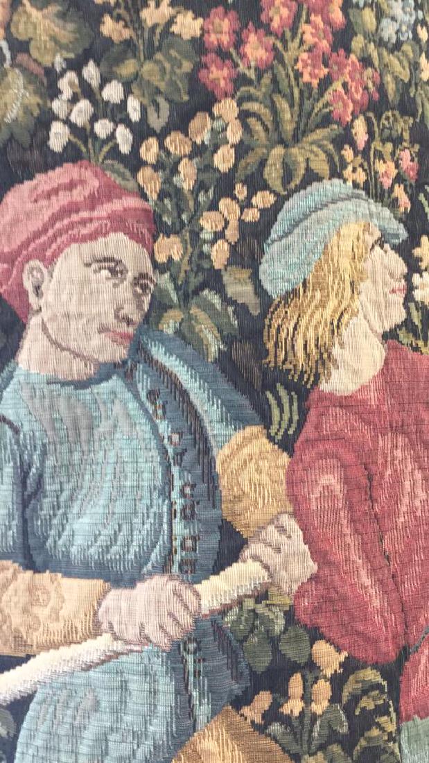 Vintage French Medieval Style Tapestry: Vintage French Medieval Style Tapestry. Embroidered tapestry with wooden rod. Wall hanging tapestry art, depicting French Medieval style scene with figures making wine. Measures approx 60 in tall by 6