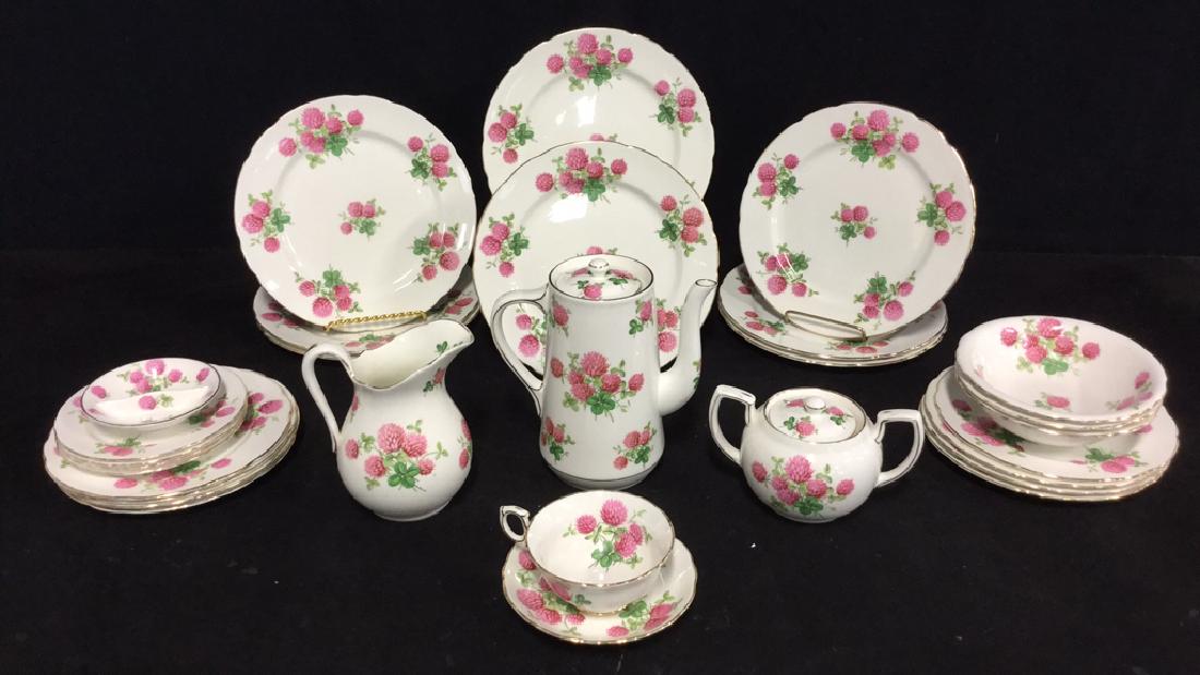 Set Of 29 Hammersley & Co English Bone China: Set Of 29 Hammersley & Co English Bone China with Clover and Pink Flower motif and gold toned painted edges. 8 dinner plates, 8 salad plates, 4 bread plates, 1 teacup and saucer, one creamer, 1 teapot