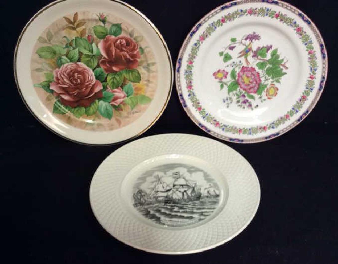 Lot 3 Collectible Porcelain Plates: one with maritime theme sailing vessels marked Susan Constant, Godspeed and Discovery arriving jamestown Virginia 1607, underside marked Spodes Mansord Copeland England, and more diameter app 11 inche