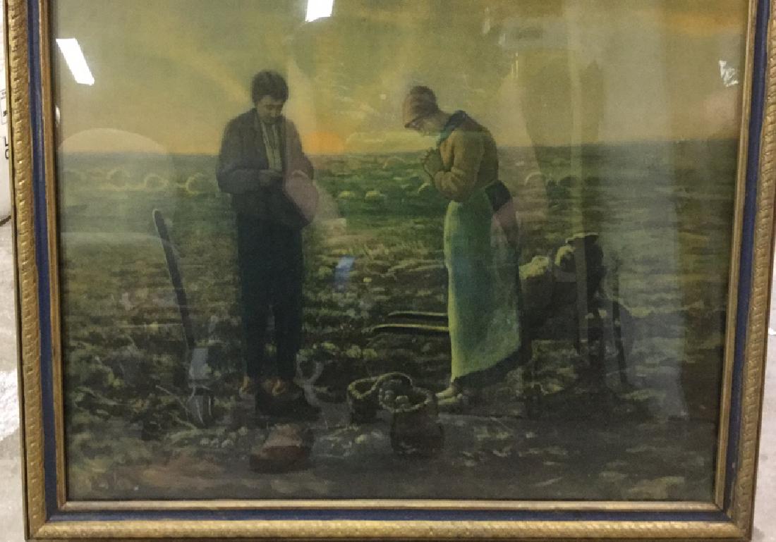 Framed Print Of The Angelus by Millet: Framed Print Of The Angelus by Millet. Possibly inkjet print of The Angelus an oil painting by French painter Jean-François Millet, completed between 1857 and 1859. Framed in a gold and blue toned vi