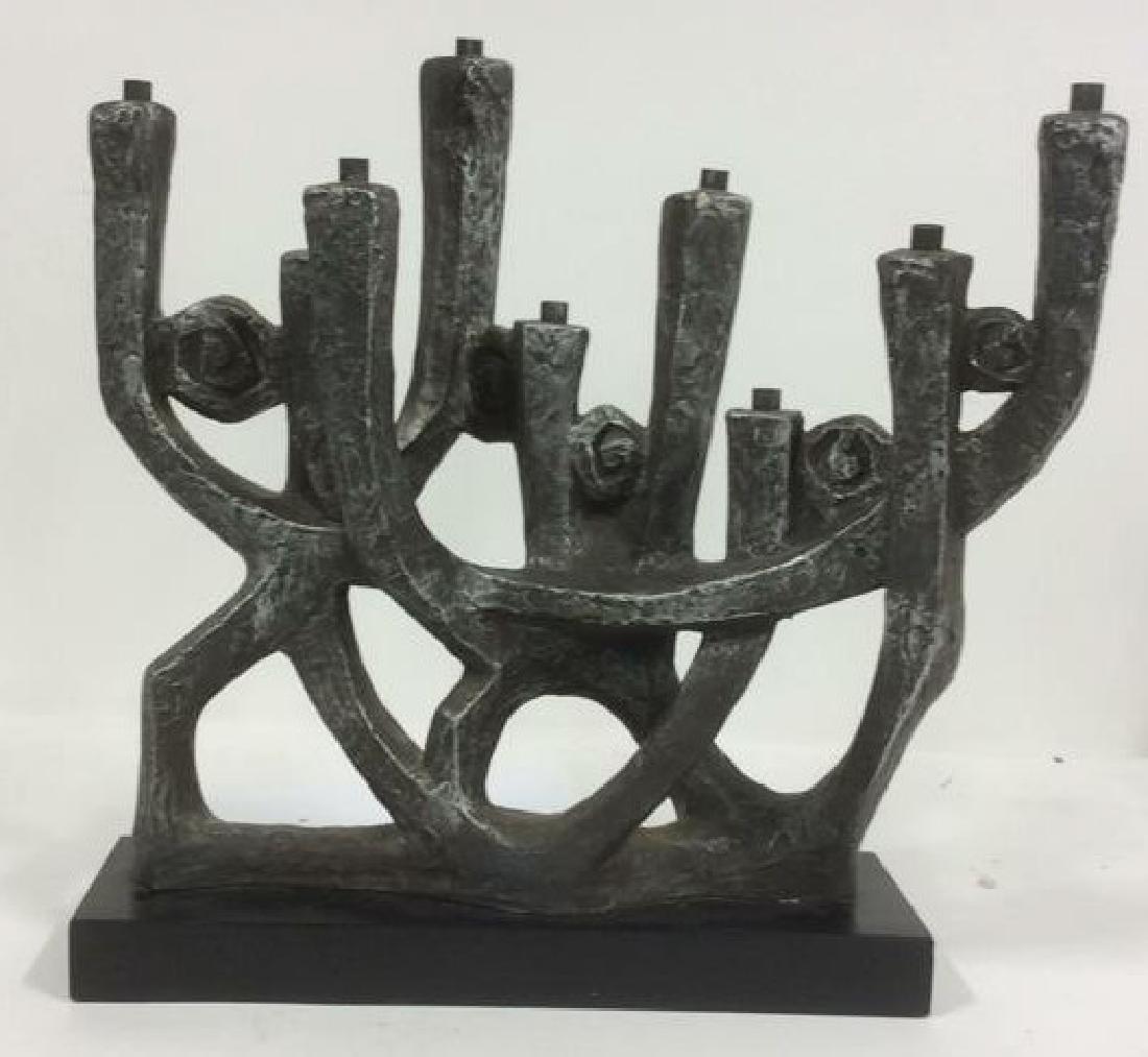 Artist Signed Metal Sculpted Menorah: israeli Menorah, judaica, israeli arts and crafts, metal chunky sculpture on wood base, base is 13 by 5 inches ht app 15 inches, measures
