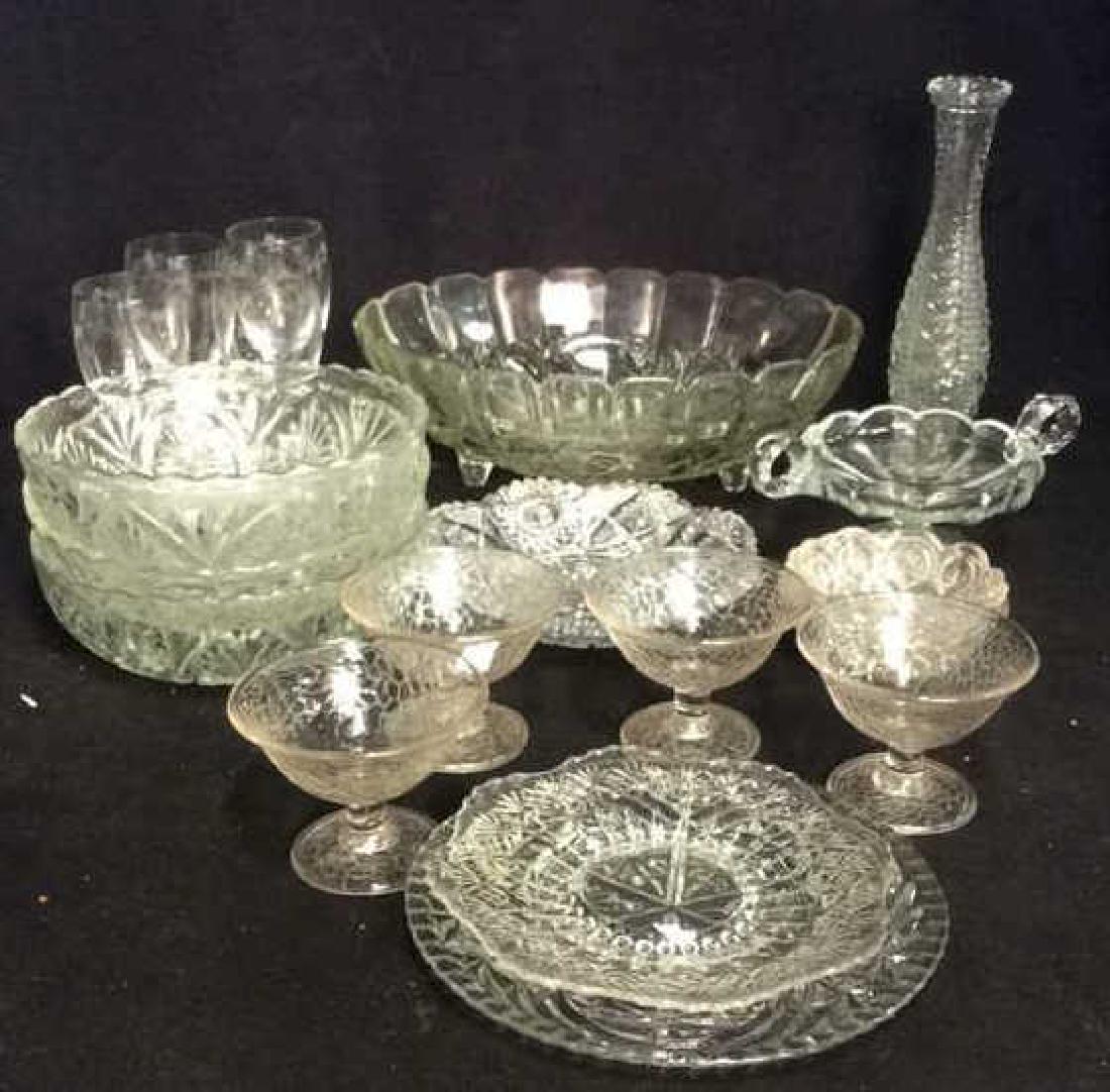 Group lot Vintage Cut, Etched, Pressed Tabletop: 20 pcs Serveware group lot of vintage glassware, table top, includes vase, candy dish: footed centerpiece bowl with fruit design measures length 12 inches by ht 4,5 inches, 4 etched wine glasses, 4 de