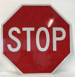 Red and White Metal STOP Sign Art: Reflective metallic finish, newer style octagonal stop sign, measures diameter app 30 inches, wall mount display, traffic sign, street sign, STOP sign art