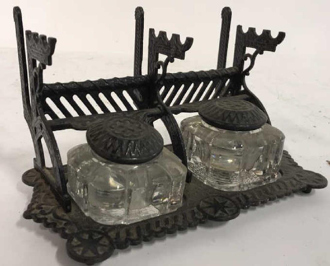 Antique Bronze Two Cup Inkwell w Glass Jars (1 of 11)