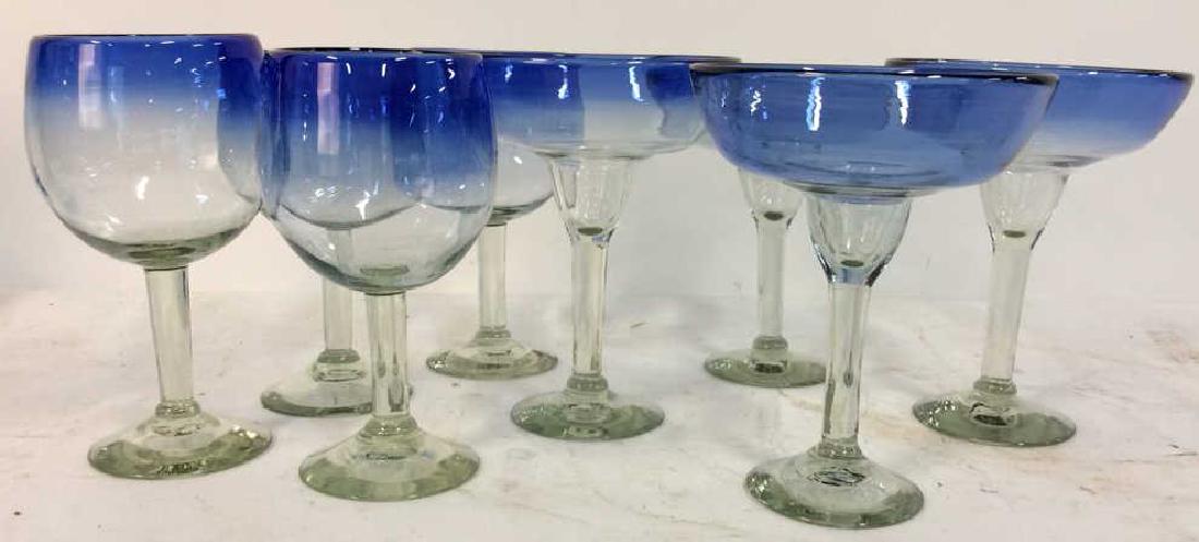 Group 8 Blue TonedBar Drinks Glasses: set of four blue toned hearty wine glasses, set of four blue toned Maguerita glasses cocktail glasses, bar ware, each measures app ht 8 inches, good condition