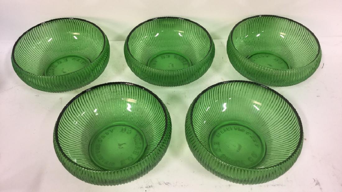 Set Of 5 Vintage E O Brody Co Green Glass Bowls: Set Of 5 Vintage E O Brody Co Green Glass Bowls. Vintage Glassware. Vintage Green Glass. Five green glass bowls with vertical line design on exterior. Marked on underside E. O. Brody Co Cleveland O US