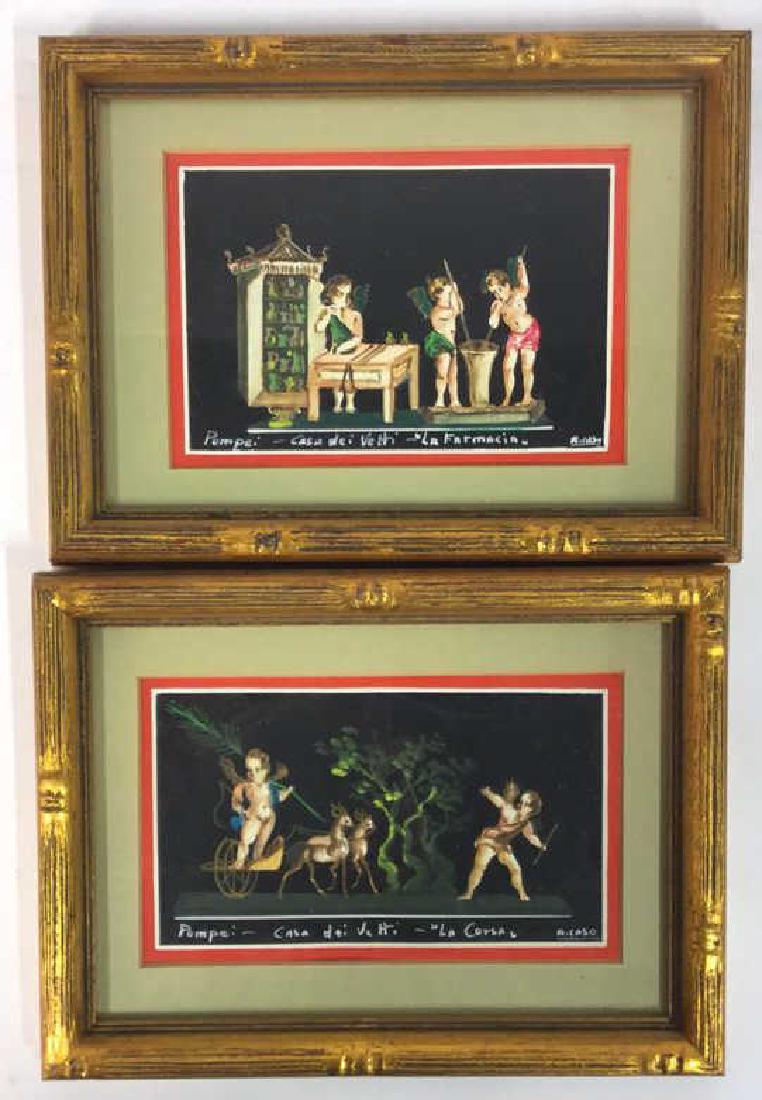 2 Framed Italian Paintings, A. CASO: Both are vintage works on paper, gouache and water color, One depicts Cupid’s, puttis, angels, on deer drawn carriage, Pompeii, second says Pompeii, with Cupid’s, Antonio CASO Artist, This Paintin