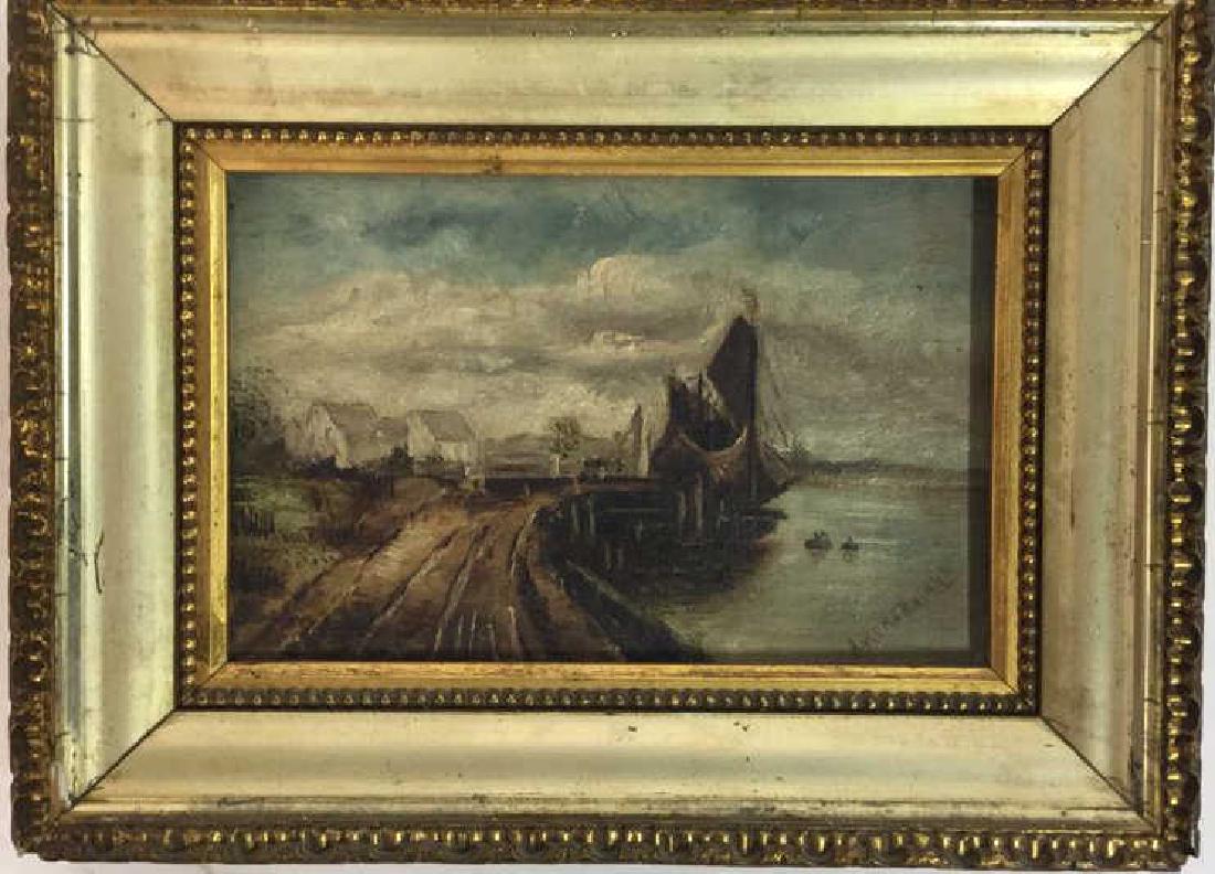 Antique Signed Oil Painting Harbor Scene, Hermann (1 of 9)