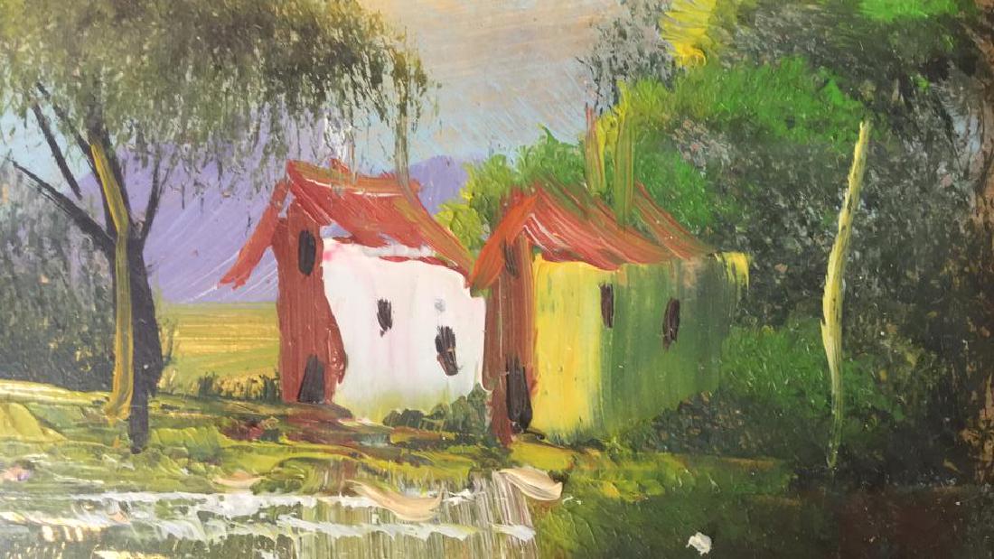G. SARNELLI Framed Oil Painting, Italy: Painting with gold leafing and paint gauche, impressionist style barns on river bank, framed in shadow box style gold silver and matting, plaque for artist, provenance On verso, made in Italy, measure