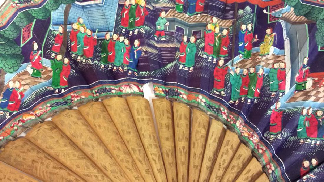 Antique Hand Painted Silk Wood Folding Fan: a toque ladies fan painted on possibly silk or treated paper antique Ladies Folding fan, fashion accessory, fans has Asian themed hand painting on both sides on silk purple background, asian figurals,