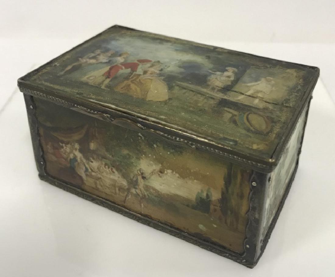 Poss Vintage/Antique Painted Bone Panel Box: Poss Vintage /Antique Painted Bone Panel Box. Painted bone depicting Victorian era men and women lounging together, watching theater, also features paintings of wooded landscapes. Some wear appropriat