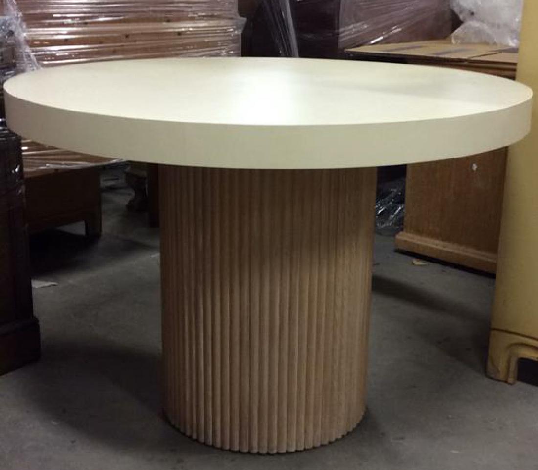 Circular Cream Toned Table W Cylindrical Wood Base (1 of 8)