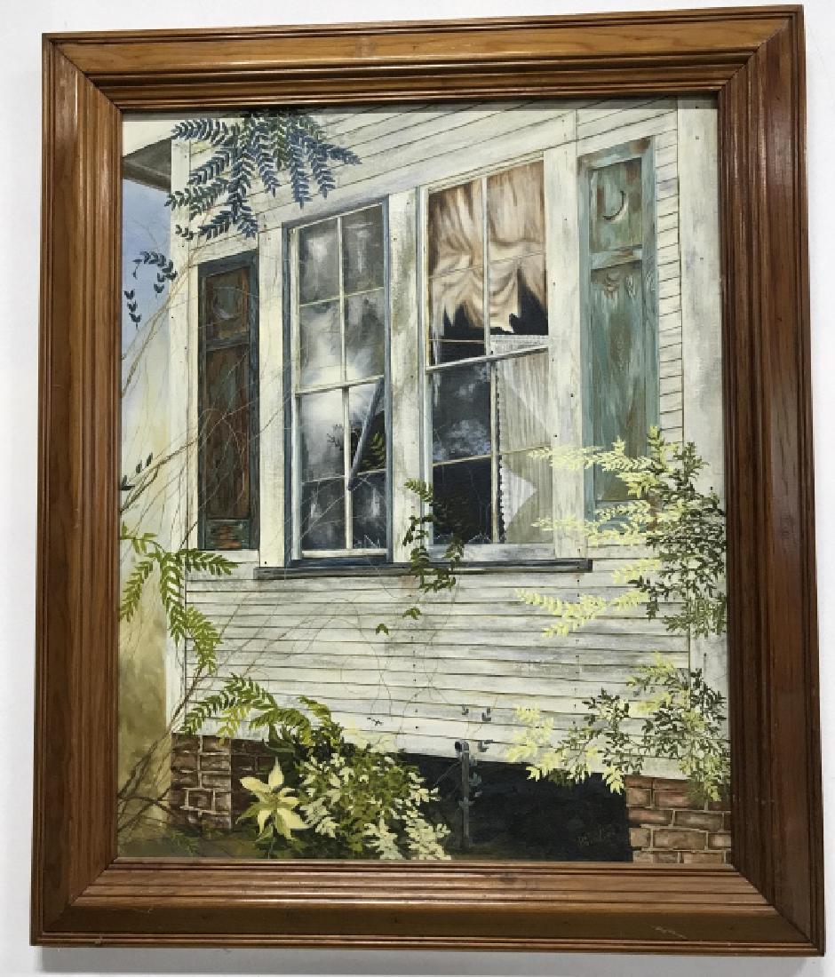Bettie Jean Dordelon Abandoned House Painting: Bettie Jean Dordelon Abandoned House Painting. Framed painting on canvas depicting broken window in abandoned, overgrown house. Signed by artist in lower right hand corner and appears to be marked as