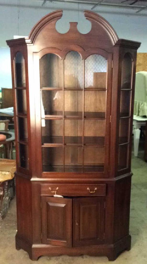 KITTINGER dark toned wooden display cabinet: KITTINGER 3 shelve dark toned display cabinet, glass windows, gold toned handles, lock and key secure, good condition , approx 77 inch tall, 42 inch wide, 15 deep, Hutch, Cupboard, China Cabinet, Dini