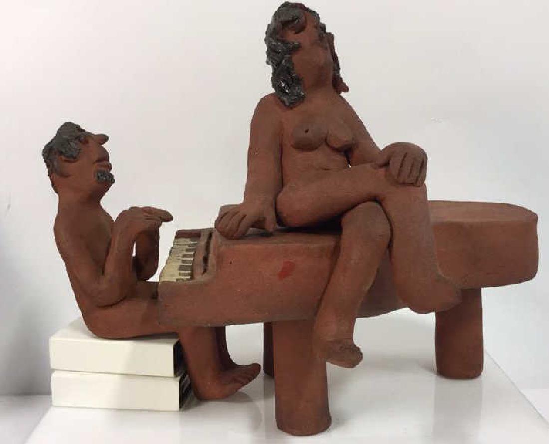 3 pcs Signed Louis Rizzo Pottery Nude Figure Set: 3 pcs Louis Rizzo Pottery Nude Figure Set. Caricature clay figures, sculpted art figures. Nude piano player and singer figures with piano. Seated piano player will need block to sit on. All pieces sig