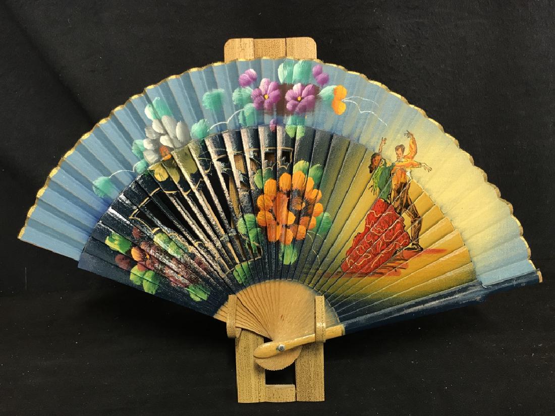 Vintage Ladies Hand Painted Fabric And Wood Fan (1 of 10)
