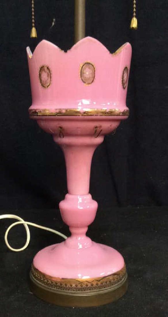 Vintage Pink Opaline Glass Vase into Lamp: vintage possibly antique pink opaline glass vase turned into double light lamp, height to brass finial app 21 inches, diameter of base 5 inches, property of Bedford New York Estate