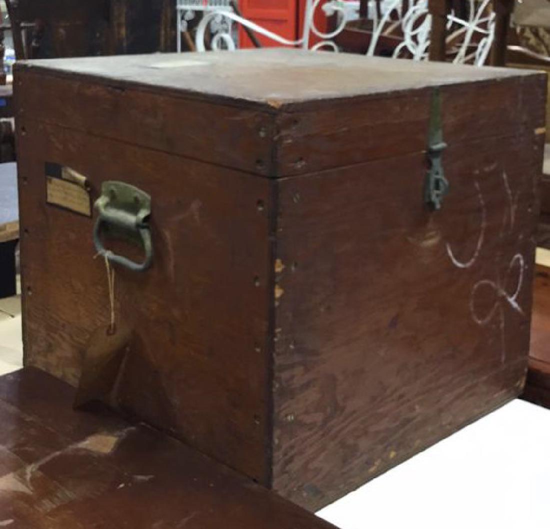 Brown Toned Vintage Wooden Chest, Metal Hardware: Brown toned vintage, possibly antique wooden chest with gold toned handles. Possibly shipping chest. Contains chips and chalk marks. Measures approx 19 inches tall, and 21 inches wide and long. Upcycl