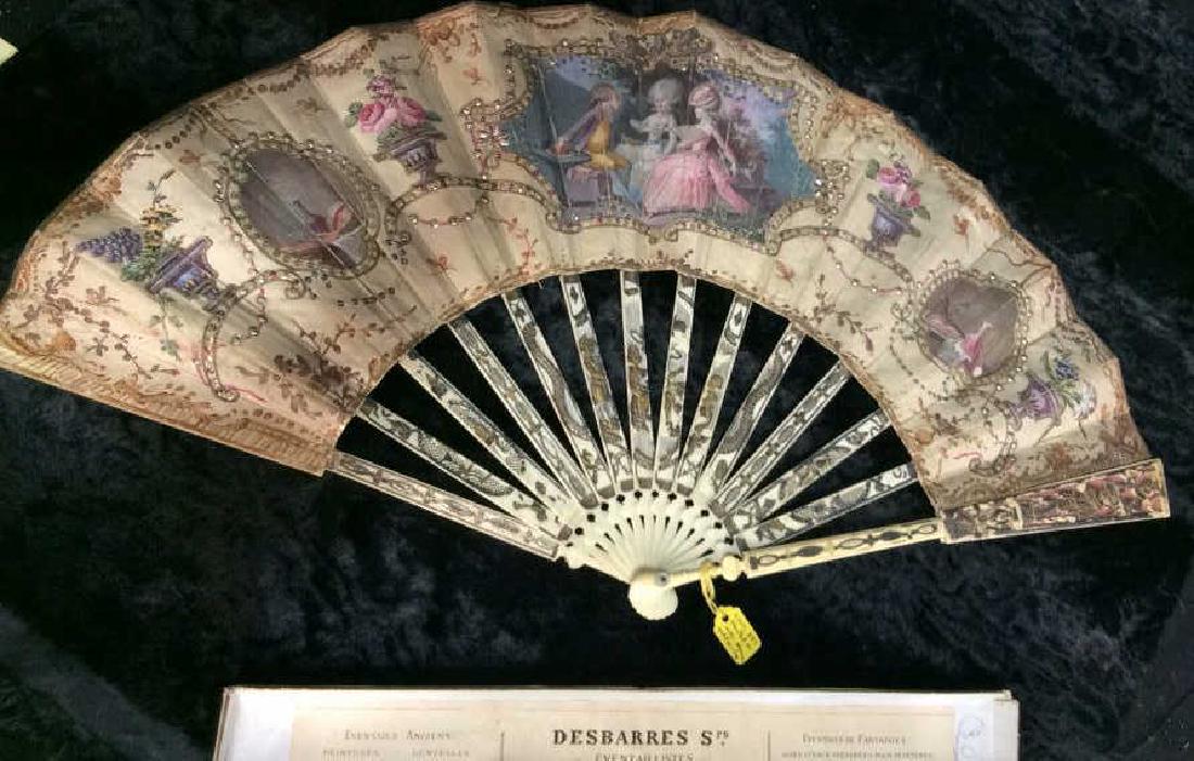 Poss Louis XVI Gilded Mother Of Pearl Ladies Fan: Poss Louis XVI Painted Bone Ladies Fan Antique French Louise XVI Painted Bone Ladies Fan with hand painted panels. A richly designed and intricately crafted antique ladies fan with bone, possibly faux