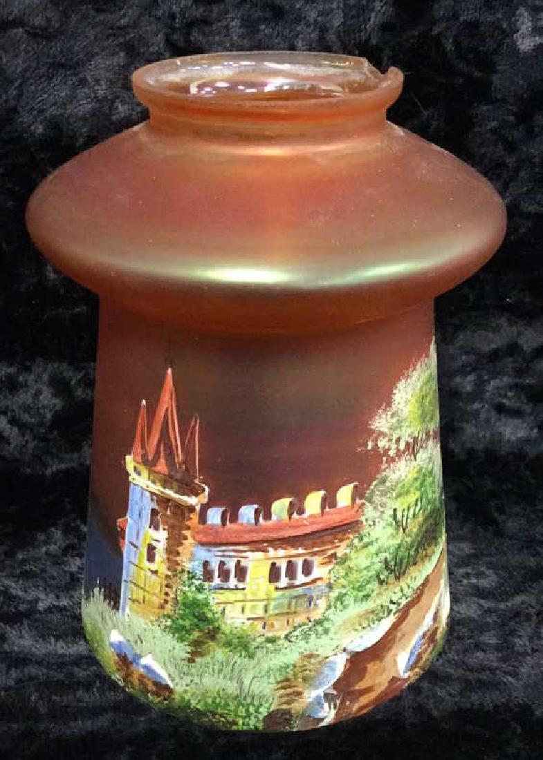 Iridescent Glass Painted Light Shade: Vintage possibly antique, Iridescent Glass Painted Light Shade. One orange toned, iridescent glass shade with painted castle in grassy landscape scene. Chip in rim. Dimensional, multi colored illustra