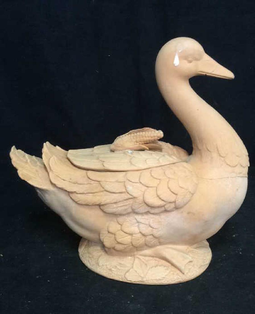 Terra Cotta Duck Figural, Italy: terra cotta duck , hand crafted with removable lid with corn figural, lidded tureen, decorative table top accessory, planter, cache pot, measures ht app 13.5 inches length app 14 inches crack at neck,