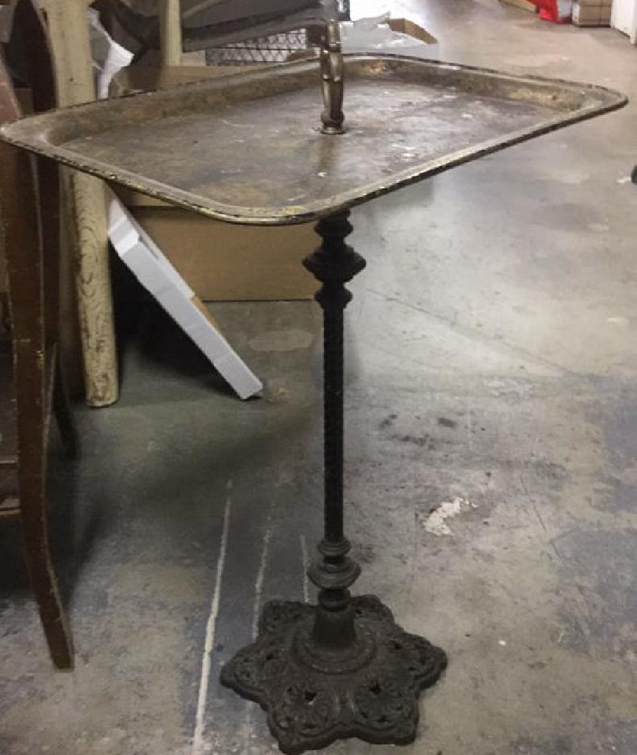 Vintage Poss Antique Metal Pedestal Tray Stand: Tray is gold toned. Pedestal is dark copper toned. Contains evident wear consistent with age. Appears to be loose, needs to be tightened. Measures approx 26 inches tall 19 inches wide 13 inches deep D