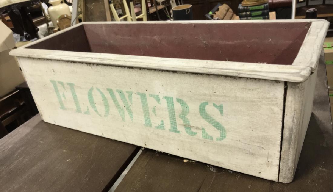 Vintage Painted Wooden Flower Box: Vintage Wooden Flower Box With White Toned painted exterior w the word flowers stenciled in green on both sides. Interior of box is painted in a dark red color. Needs a good clean inside. Small cracks