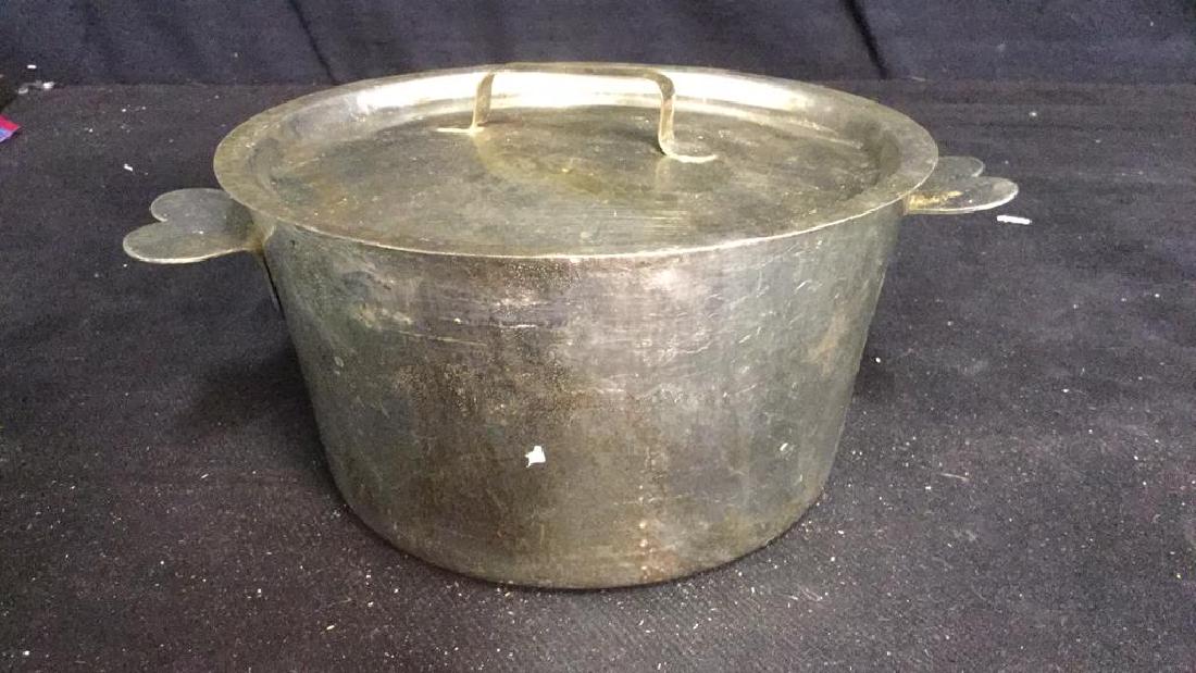 Made in France Lidded Pot: marked underside France, 18 lidded pot, measures ht app 6 inches diameter app 10 inches, property of French trained chef and caterer, E. Dehillerin, Paris' famed cooking store,