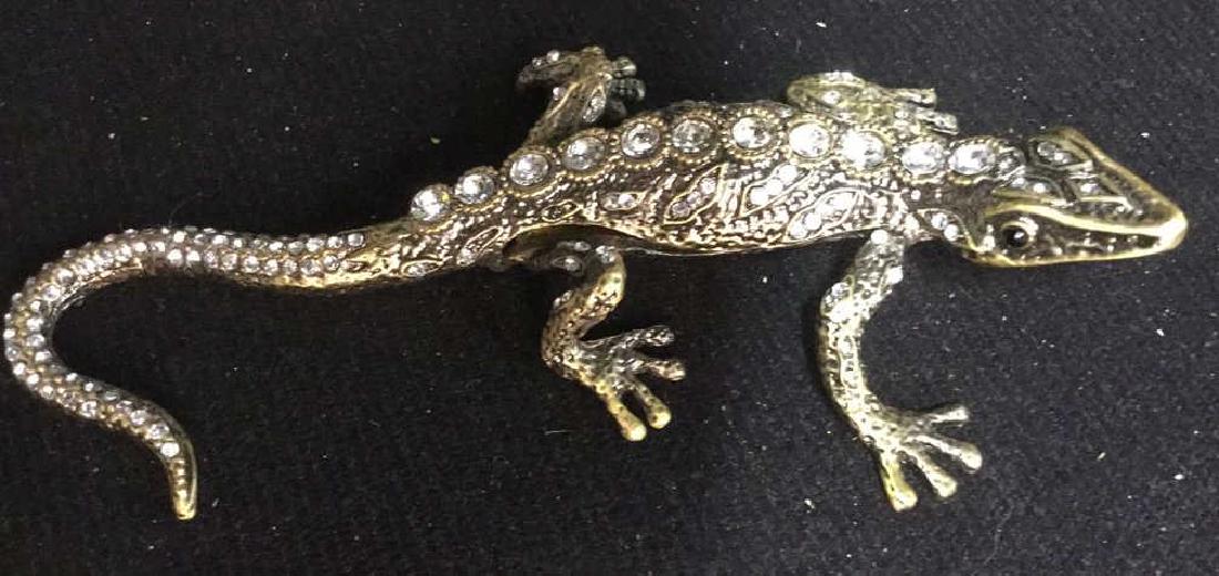 Lidded Rhinestone Enamel Lizard Box: hinged lid on ornately detailedmetal and enamel pill box, in lizard form, salamander form bejeweled box, length app 5.5 inches
