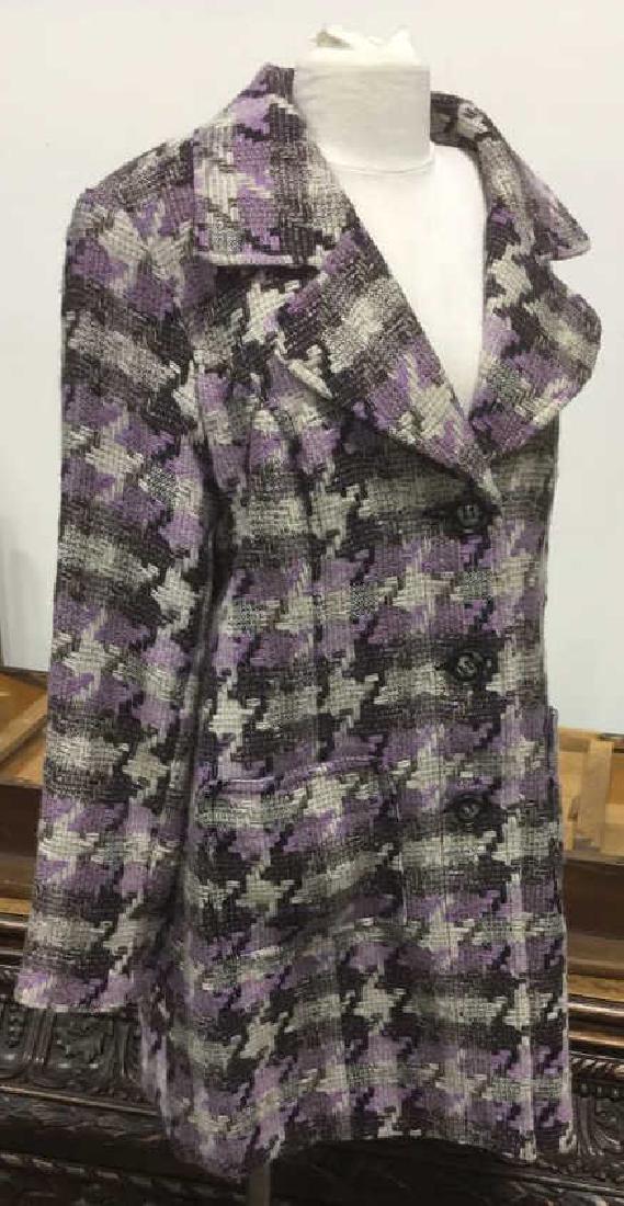 TRIBAL INC. Collared Knit Coat: TRIBAL INC. brand. Purple, black and white toned pattern, structured shoulders, black and grey toned buttons. size 12, made in Bangladesh. Measures 16 inch wide, 33 inches long, sleeve approx. 22 inch
