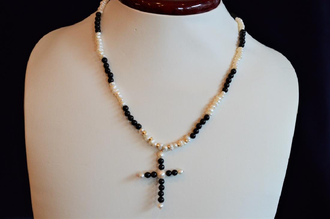 32" Black Onyx Bead & Pearl Necklace with Cross (1 of 2)