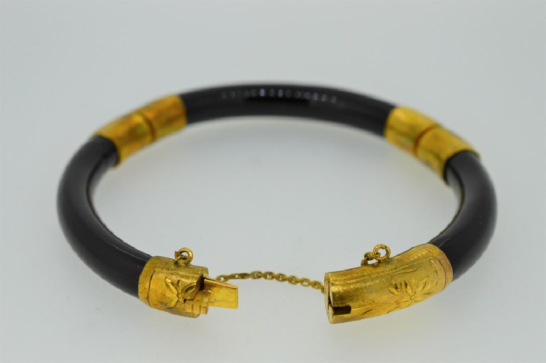 14K Etchd Gold Plate Blck Composite Bangl Bracelet: 2 1/4" inside with Safety Chain