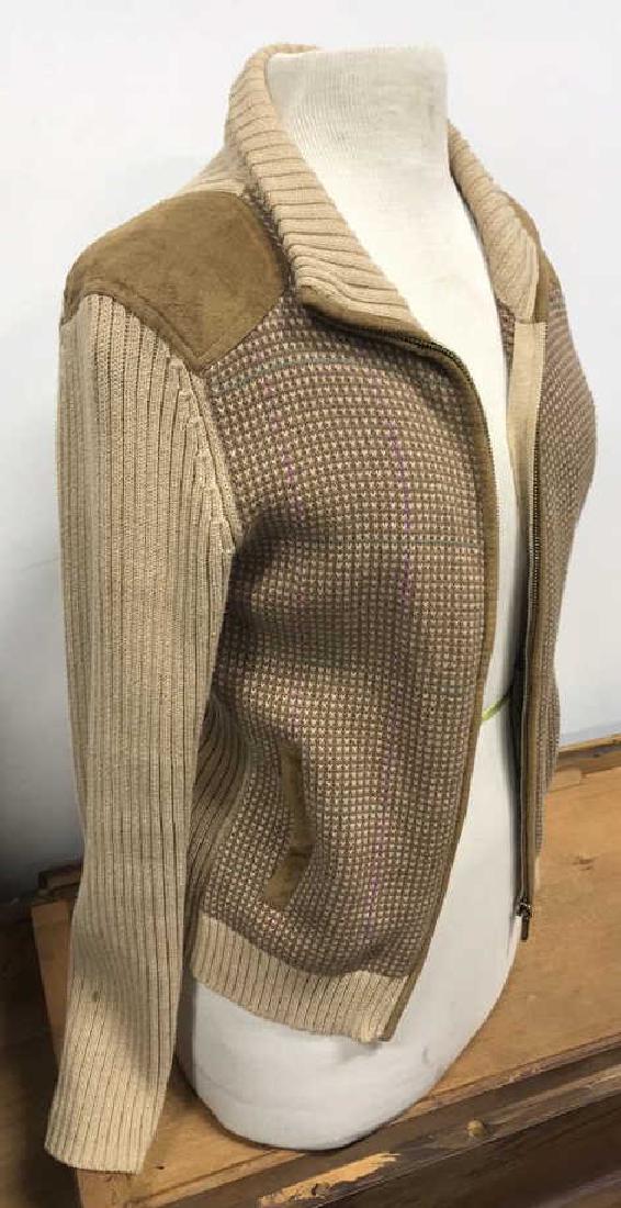 Ralph Lauren Petite Zip Up Sweater: Brown toned 100% cotton zip up sweater with side pockets. Sweater contains a repetitive stitched shoulder patches and grid patten design with purple vertical lines and aqua horizontal lines. Measures