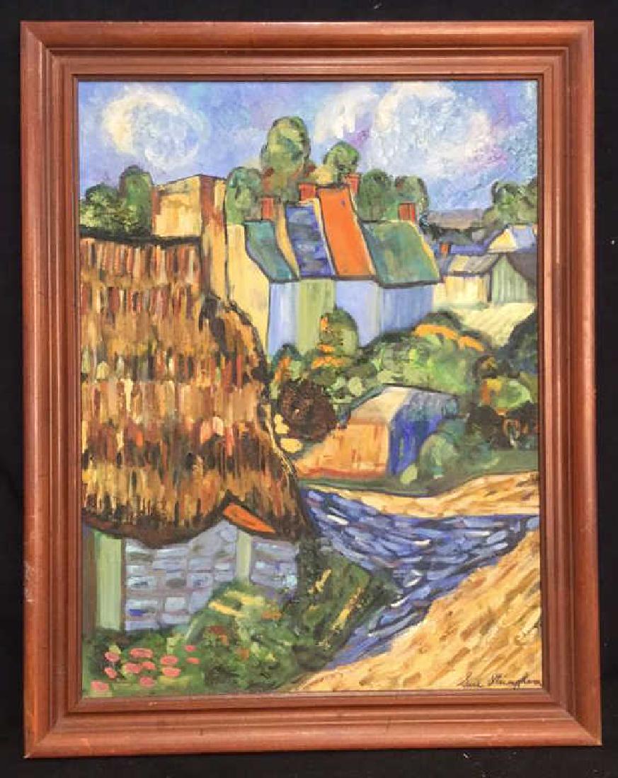 Sue Stringham Signed Oil on Canvas: thickly textured oil painting on canvas. carved wood frame, village rooftop scene, measures app 27.5 inches by 21.5 inches