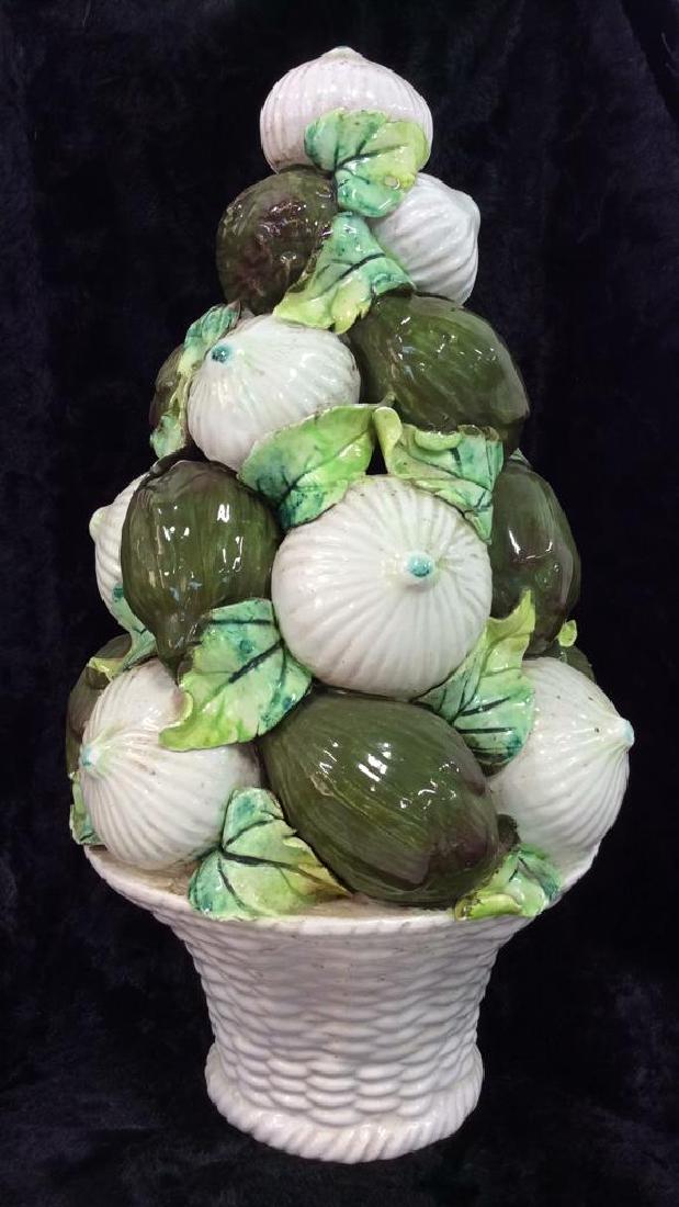 Italian Sculpted Porcelain Artichoke Bouquet: Italian Sculpted Porcelain Artichoke&Onion Bouquet in basket. Italian home decor, sculpted artichokes and onions. Some minor surface wear including imperfections in glaze and chipped edges. Marked on 