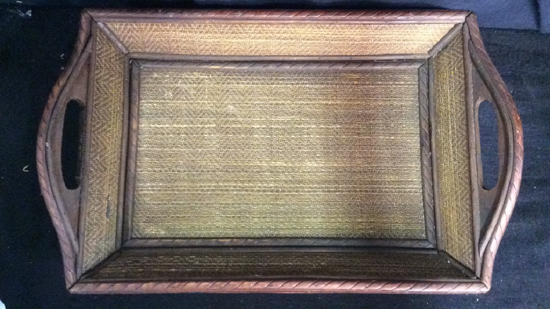 Woven Wooden Serving Tray: Gold toned woven wooden serving tray with two side handles. Contains slight chips and scratches. Drink platter, tea tray, food tray, Measures approx 3.5 inches tall x 12 inches wide x 19 inches long.