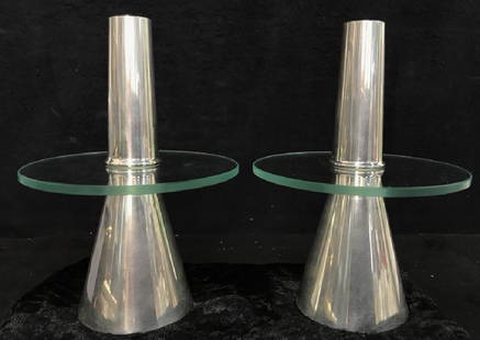 Pair Of Selangor Pewter And Glass Candlesticks: Pair Of Erik Magnussen Selangor Pewter and Glass Modern Candlesticks. Tabletop Accessories. Silver toned pewter candlesticks with circular glass design at center. Marked on underside Selangor Pewter 9