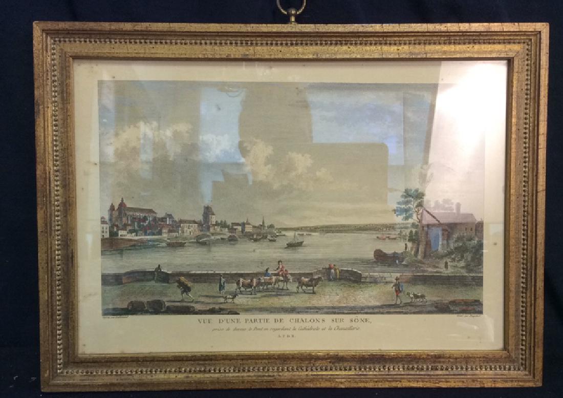 Vue D'une Partie De Chaons Sur Sône Print Artwork: Jean-Baptistery Lallemand Vue D'une Partie De Chaons Sur Sône print artwork. Depicts a villa with a river with boats and figures walking along a stone walkway with various animals. Contains a gold to